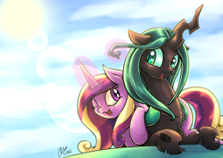 Size: 2046x1447 | Tagged: safe, artist:lovelyneckbeard, character:princess cadance, character:queen chrysalis, species:alicorn, species:changeling, species:pony, ship:cadalis, g4, changeling queen, cloud, cuddling, cute, cutealis, cutedance, female, happy, lens flare, lesbian, looking at each other, magic, mare, one eye closed, open mouth, shipping, sky, snuggling, sun, three quarter view, wink