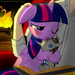 Size: 1500x1500 | Tagged: safe, artist:ponyecho, character:smarty pants, character:twilight sparkle, character:twilight sparkle (alicorn), oc, oc:anon, species:alicorn, species:human, species:pony, bedroom eyes, blushing, book, cuddling, cute, ear scratch, female, fire, fireplace, floppy ears, holding a pony, hug, human on pony action, human on pony snuggling, interspecies, mare, petting, plushie, pony pet, ponyecho is trying to murder us, reading, scratching, show accurate, sleeping, smiling, snuggling, solo, twiabetes, twilove, weapons-grade cute, wink