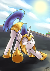 Size: 1280x1810 | Tagged: safe, artist:lovelyneckbeard, character:princess celestia, species:pony, species:unicorn, armor, cute, eyes closed, face down ass up, iwtcird, meme, royal guard, smiling, solo focus, stretching, voyeur, voyeurism, when you see it, wide eyes