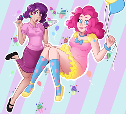 Size: 1500x1355 | Tagged: safe, artist:emberfan11, character:pinkie pie, character:sugar belle, species:human, episode:the cutie map, g4, my little pony: friendship is magic, balloon, cupcake, curvy, humanized, nail polish