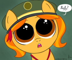 Size: 1200x1000 | Tagged: safe, artist:aa, oc, oc only, oc:dulce deleche, ask a filly scout, ask a fillyscout, askafillyscout, big eyes, clothing, filly guides, hat, pigtails, solo, stare