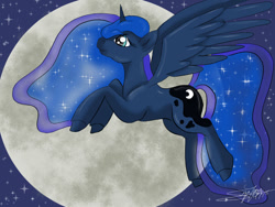 Size: 800x600 | Tagged: safe, artist:littlewolfstudios, character:princess luna, species:alicorn, species:pony, female, flying, moon, night sky, princess, solo, stars