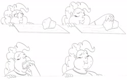 Size: 3023x1909 | Tagged: safe, artist:catstuxedo, character:pinkie pie, species:human, episode:the cutie map, g4, my little pony: friendship is magic, chubby, chubby cheeks, fat, female, humanized, monochrome, muffin, scene interpretation, solo