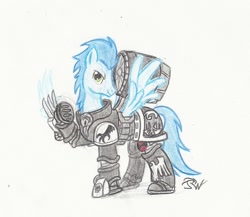 Size: 1024x889 | Tagged: safe, artist:sensko, character:soarin', species:pegasus, species:pony, crossover, hoof blades, jetpack, lightning claw, male, pencil drawing, power armor, raised hoof, raven guard, solo, space marine, stallion, traditional art, warhammer (game), warhammer 30k, warhammer 40k