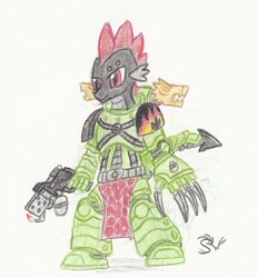 Size: 1024x1109 | Tagged: safe, artist:sensko, character:spike, armor, crossover, flamer, flamethrower, gun, lightning claw, male, palette swap, pencil drawing, power armor, salamanders, solo, space marine, traditional art, warhammer (game), warhammer 30k, warhammer 40k, weapon