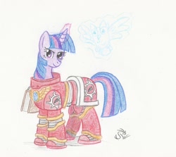 Size: 1680x1497 | Tagged: safe, artist:sensko, character:owlowiscious, character:twilight sparkle, character:twilight sparkle (unicorn), species:pony, species:unicorn, armor, crossover, female, librarian, mare, pencil drawing, power armor, space marine, thousand sons, traditional art, warhammer (game), warhammer 30k, warhammer 40k