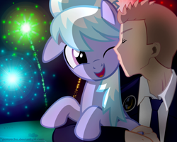 Size: 1024x819 | Tagged: safe, artist:ponyecho, character:cloudchaser, oc, oc:anon, species:human, species:pegasus, species:pony, clothing, cute, cutechaser, eyes closed, female, fireworks, human male, human on pony action, interspecies, kissing, male, mare, one eye closed, open mouth, show accurate, straight