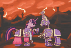 Size: 1023x694 | Tagged: safe, artist:sensko, character:trixie, character:twilight sparkle, species:pony, species:unicorn, ahzek ahriman, armor, bolter, chaos space marine, crossover, crying, female, mare, ponified, rubric marine, sad, space marine, thousand sons, warhammer (game), warhammer 30k, warhammer 40k