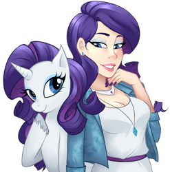 Size: 1000x1014 | Tagged: safe, artist:emberfan11, character:rarity, species:human, breasts, busty rarity, cleavage, female, human ponidox, humanized, necklace, ponidox, unshorn fetlocks