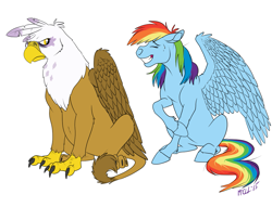 Size: 1113x851 | Tagged: safe, artist:carnivorouscaribou, character:gilda, character:rainbow dash, species:griffon, ship:gildash, bags under eyes, couple, embarrassed, female, grumpy, lesbian, magical lesbian spawn, offspring, pregnant, shipping, sweat, sweatdrop, tired