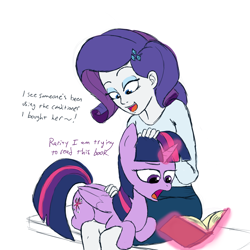 Size: 1000x1000 | Tagged: safe, artist:aa, character:rarity, character:twilight sparkle, my little pony:equestria girls, book, cute, dialogue, funny, magic, petting, reading, telekinesis