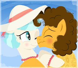 Size: 1104x960 | Tagged: safe, artist:jaquelindreamz, character:cheese sandwich, character:coco pommel, species:earth pony, species:pony, boop, cheesecoco, clothing, crack shipping, female, hat, jewelry, male, mare, noseboop, scrunchy face, shipping, stallion, straight
