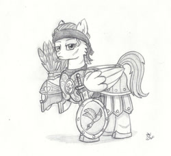 Size: 937x853 | Tagged: safe, artist:sensko, species:pegasus, species:pony, armor, grayscale, helmet, monochrome, pencil drawing, scar, shield, simple background, sketch, solo, sword, traditional art, white background