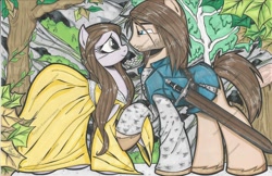 Size: 1024x662 | Tagged: safe, artist:ponygoddess, aragorn, arwen, clothing, dress, lord of the rings, ponified, sword