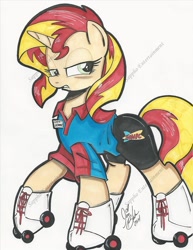 Size: 1024x1325 | Tagged: safe, artist:ponygoddess, character:sunset shimmer, species:pony, fast food, female, roller skates, solo, sonic drive-in, traditional art