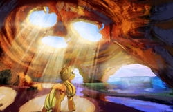 Size: 1500x971 | Tagged: safe, artist:blindcoyote, character:applejack, species:earth pony, species:pony, cave, crepuscular rays, cutie art, cutie mark, female, mare, scenery, solo