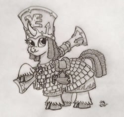 Size: 922x867 | Tagged: safe, artist:sensko, species:pony, armor, black and white, blunderbuss, chaos dwarf, cloven hooves, crossover, fangs, grayscale, gun, monochrome, original species, pencil drawing, ponified, simple background, solo, traditional art, warhammer (game), warhammer fantasy, white background