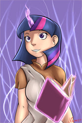 Size: 800x1200 | Tagged: safe, artist:atane27, character:twilight sparkle, species:human, book, female, horned humanization, humanized, levitation, magic, solo
