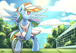Size: 4093x2894 | Tagged: dead source, safe, artist:lovelyneckbeard, character:rainbow dash, species:pegasus, species:pony, absurd resolution, bipedal, clothing, dress, ear fluff, female, fluffy, grass, grin, hat, mare, outdoors, semi-anthro, signature, smirk, solo, sports, sports dress, spread wings, tennis, tennis racket, visor, wings, wristband