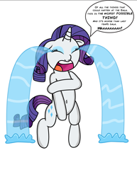 Size: 5100x6610 | Tagged: safe, artist:saburodaimando, character:rarity, species:pony, episode:make new friends but keep discord, g4, my little pony: friendship is magic, absurd resolution, assisted exposure, belly button, bipedal, clothing theft, covering, crying, dialogue, embarrassed, embarrassed nude exposure, female, humiliation, marshmelodrama, naked rarity, nudity, ocular gushers, scene interpretation, simple background, solo, speech bubble, the worst possible thing, we don't normally wear clothes, white background