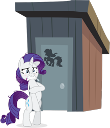 Size: 582x675 | Tagged: safe, artist:jonas9610, artist:yanoda, edit, character:rarity, species:pony, episode:make new friends but keep discord, episode:the last roundup, g4, my little pony: friendship is magic, bipedal, blushing, covering, desperation, embarrassed, female, implied nudity, naked rarity, need to pee, omorashi, outhouse, potty, potty dance, potty emergency, potty time, solo, toilet, trotting in place, we don't normally wear clothes