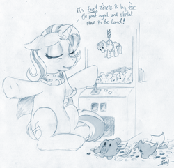 Size: 935x900 | Tagged: safe, artist:foxxy-arts, character:trixie, character:twilight sparkle, character:twilight sparkle (alicorn), species:alicorn, species:pony, newbie artist training grounds, crane game, eyes closed, female, floppy ears, grayscale, mare, monochrome, piggy bank, plushie, sitting, solo, traditional art
