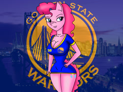 Size: 1365x1020 | Tagged: safe, artist:odiz, character:pinkie pie, species:anthro, basketball, breasts, busty pinkie pie, cleavage, clothing, dress, female, golden state warriors, nba, nba finals, solo