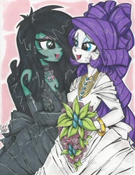 Size: 1024x1325 | Tagged: safe, artist:ponygoddess, character:rarity, oc, oc:sappho, my little pony:equestria girls, bouquet, canon x oc, clothing, crying, dress, female, hair over one eye, lesbian, shipping, tears of joy, wedding