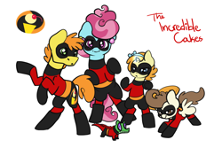 Size: 1280x853 | Tagged: safe, artist:otterlore, character:carrot cake, character:cup cake, character:gummy, character:pound cake, character:pumpkin cake, action pose, bipedal, masked, parody, raised hoof, the incredibles