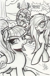 Size: 625x960 | Tagged: safe, artist:ponygoddess, character:rarity, character:sonata dusk, oc, oc:sappho, angry, female, fire, hair over one eye, heart eyes, jealous, lesbian, monochrome, ponified, rarity is not amused, shipping, sketch, wingding eyes