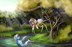 Size: 1500x971 | Tagged: safe, artist:blindcoyote, character:fluttershy, character:rainbow dash, species:siren, comic:children of everfree, alternate universe, crepuscular rays, drider, forest, looking at each other, monster pony, original species, pond, river, sirendash, species swap, spiderpony, spidershy, water