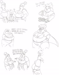 Size: 3560x4464 | Tagged: safe, artist:catstuxedo, character:applejack, character:pinkie pie, character:rainbow dash, species:human, fat, fudge, heavy voice, humanized, luchador, monochrome, obese, piggy pie, pudgy pie, sumo, topknot, weight gain