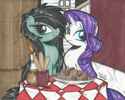 Size: 1205x969 | Tagged: safe, artist:ponygoddess, character:rarity, oc, oc:sappho, :t, bedroom eyes, canon x oc, eating, female, lady and the tramp, lesbian, ponies eating meat, shipping, smiling, spaghetti, spaghetti scene, traditional art, watermark