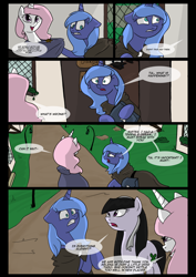 Size: 1240x1754 | Tagged: safe, artist:lunarcakez, character:princess celestia, character:princess luna, oc, oc:june, comic:the origins of hollow shades, blood, cewestia, comic, female, filly, pink-mane celestia, semi-grimdark series, woona, younger