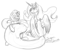 Size: 1000x818 | Tagged: safe, artist:blindcoyote, character:princess celestia, species:pony, species:unicorn, bedroom eyes, blushing, coils, guard, long tail, monochrome, sketch, tail seduce, teasing, tongue out, wrap, wrapped up