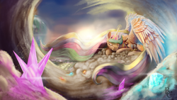 Size: 3000x1688 | Tagged: safe, artist:blindcoyote, character:princess celestia, cloud, cloudy, elements of harmony, eyes closed, female, prone, sleeping, smiling, solo