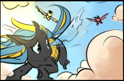 Size: 1050x684 | Tagged: safe, artist:starshinebeast, oc, oc only, oc:echo, species:changeling, species:pegasus, species:pony, blue changeling, chase, double colored changeling, equestria2101, female, flying, pursuit, yellow changeling