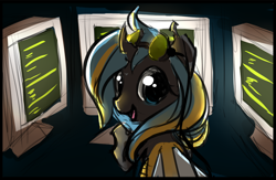 Size: 1058x689 | Tagged: safe, artist:starshinebeast, oc, oc only, oc:echo, species:changeling, blue changeling, computers, double colored changeling, equestria2101, female, screens, solo, yellow changeling