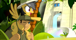 Size: 3800x2000 | Tagged: safe, artist:ponyecho, character:daring do, species:human, anonymous, cute, daring dorable, jungle, piggyback ride, show accurate, squishy cheeks, temple, waterfall