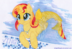 Size: 1200x824 | Tagged: safe, artist:foxxy-arts, character:sunset shimmer, species:pony, cute, cute little fangs, female, original species, shark, shark pony, sharkified, solo, species swap, swimming pool