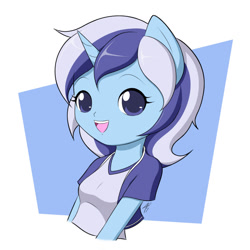 Size: 800x800 | Tagged: safe, artist:jdan-s, character:minuette, species:anthro, species:unicorn, g4, abstract background, ambiguous facial structure, colored eyebrows, eyebrows, female, looking at you, mare, open mouth, open smile, signature, smiling, smiling at you, solo
