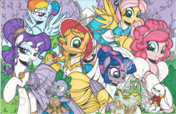Size: 1205x779 | Tagged: safe, artist:ponygoddess, character:applejack, character:fluttershy, character:pinkie pie, character:rainbow dash, character:rarity, character:spike, character:twilight sparkle, character:twilight sparkle (alicorn), species:alicorn, species:pony, alice in wonderland, crossover, disney, enchanted, female, hercules, jane porter, jessie (toy story), mane seven, mane six, mare, megara, tarzan, tinkerbell, toy story, traditional art, watermark