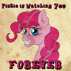 Size: 900x900 | Tagged: safe, artist:littlewolfstudios, character:pinkie pie, species:earth pony, species:pony, fallout equestria, fanart, fanfic, fanfic art, female, forever, looking at you, mare, ministry mares, ministry of morale, pinkie pie is watching you, poster, propaganda, smiling, solo, teeth, text