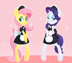 Size: 1391x1200 | Tagged: safe, artist:hidden-cat, character:fluttershy, character:rarity, species:pegasus, species:pony, species:unicorn, g4, abstract background, bipedal, clothing, colored pupils, dress, eyebrows, female, looking sideways, maid, mare, pink background, semi-anthro, simple background, smiling