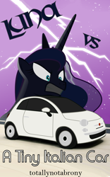 Size: 1000x1600 | Tagged: safe, artist:totallynotabronyfim, character:princess luna, species:alicorn, species:pony, fanfic:luna vs. a tiny italian car, angry, car, cover art, fanfic, fanfic art, fanfic in the description, female, fiat, fiat 500, lightning, mare, solo, text