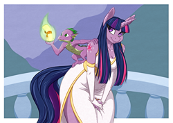 Size: 1813x1280 | Tagged: safe, artist:hobbsmeerkat, character:spike, character:twilight sparkle, species:anthro, species:dragon, species:pony, species:unicorn, alternative cutie mark placement, clothing, dress, evening, fire, gloves, impossibly wide hips, wide hips