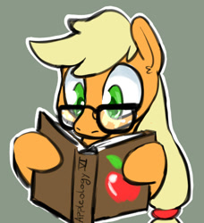 Size: 622x683 | Tagged: safe, artist:whale, character:applejack, apple, book, female, glasses, holding, solo, that pony sure does love apples
