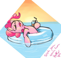 Size: 1174x1117 | Tagged: safe, artist:whale, character:pinkie pie, cup, drink, female, floating, floaty, holding, inner tube, open mouth, photo, picture, sleeping, solo, straw, water