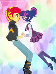 Size: 3096x4080 | Tagged: safe, artist:jaquelindreamz, character:sunset shimmer, character:twilight sparkle, character:twilight sparkle (scitwi), species:eqg human, ship:scitwishimmer, ship:sunsetsparkle, equestria girls:friendship games, g4, my little pony: equestria girls, my little pony:equestria girls, blushing, boots, clothing, crystal prep academy uniform, cute, equestria guys, female, glasses, half r63 shipping, jacket, love, male, rule 63, school uniform, scitwiglare, shipping, shoes, straight, sunset glare, twiglare, uniform