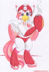 Size: 900x1318 | Tagged: safe, artist:foxxy-arts, oc, oc only, oc:foxxy hooves, species:classical hippogriff, species:hippogriff, clothing, megaman, panties, solo, underwear